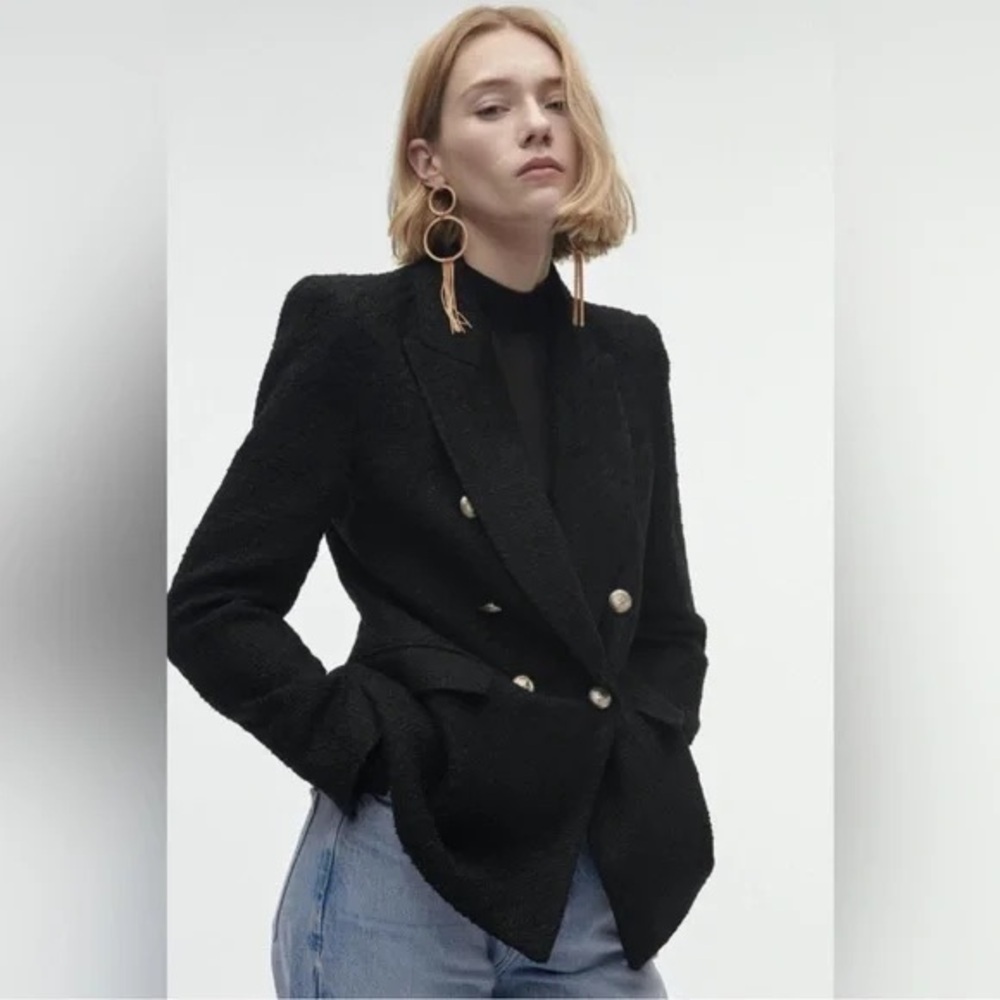 Zara Black Textured Blazer With Gold Buttons - Small